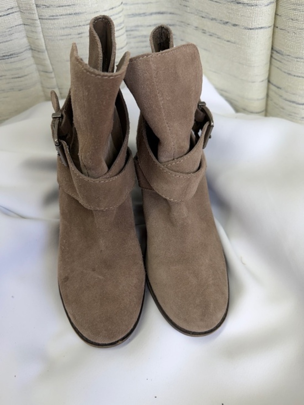 BCBGeneration Taupe Suede Buckle Strap Ankle Booties